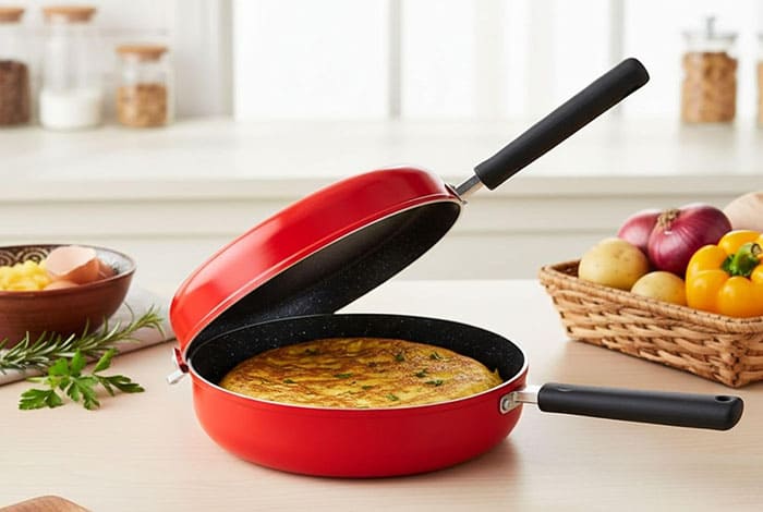 Sartén para hacer tortilla de patatas con huevos en la cocina