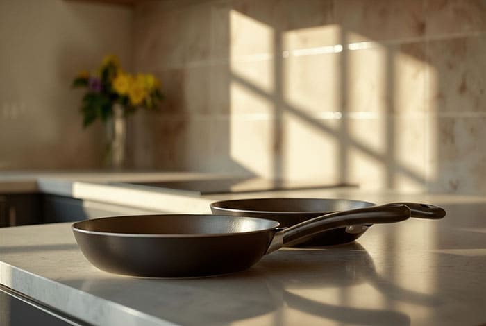 Sartenes de aluminio fundido y forjado marcas BRA y Tefal sobre una encimera de cocina.