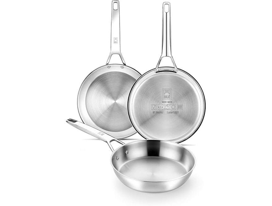 sartenes bra opiniones sobre pack de 3 sartenes bra signature de acero inoxidable sobre una encimera de cocina
