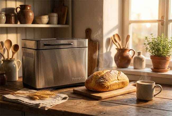 Pan casero recién horneado junto a la máquina de pan Fornello Supremo