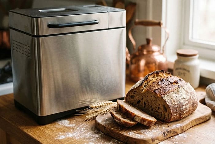 Panificadora Fornello Supremo de acero inoxidable con cubeta cerámica sobre encimera de cocina