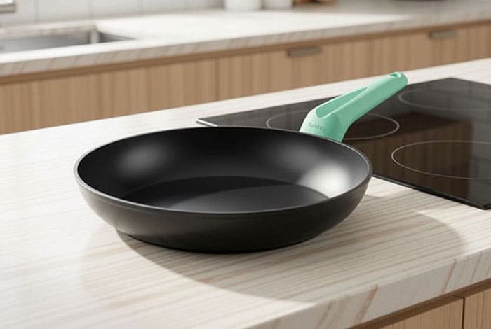 Sartenes Castey de aluminio fundido con mangos desmontables sobre una placa de inducción en una cocina moderna.